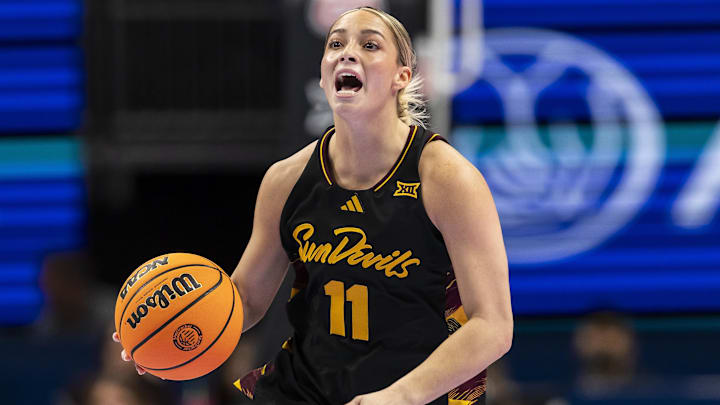 Mar 6, 2026; Kansas City, MO, USA; Arizona State guard Marley Washenitz (11) brings the ball up court against West Virginia during the second half at T-Mobile Center. Mandatory Credit: Nick Tre. Smith-Imagn Images Mar 6, 2026; Kansas City, MO, USA; Arizona State guard Marley Washenitz (11) brings the ball up court against West Virginia during the second half at T-Mobile Center. Mandatory Credit: Nick Tre. Smith-Imagn Images
