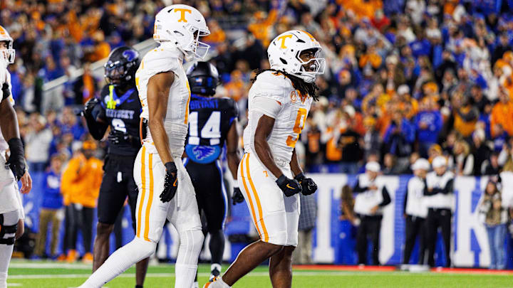 Oct 25, 2025; Lexington, Kentucky, USA; Tennessee Volunteers running back Star Thomas (9) celebrates after scoring a touchdown during the first quarter against the Kentucky Wildcats at Kroger Field. Mandatory Credit: Jordan Prather-Imagn Images