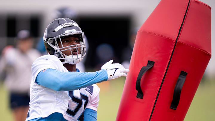 Tennessee Titans seventh-round draft pick Jaylen Harrell (92) participates in rookie minicamp at Ascension Saint Thomas Sports Park in Nashville, Tenn., Friday, May 10, 2024.