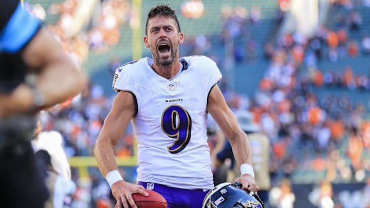 Oct 6, 2024; Cincinnati, Ohio, USA; Baltimore Ravens kicker Justin Tucker (9) reacts after the victory over the Cincinnati Bengals at Paycor Stadium. Mandatory Credit: Katie Stratman-Imagn Images