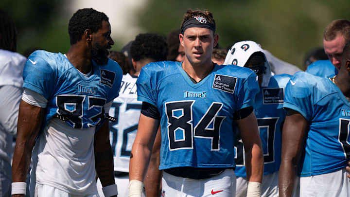 Tennessee Titans tight end Gunnar Helm (84) breaks the huddle after training camp at Ascension Saint Thomas Sports Park in Nashville, Tenn., Wednesday, July 30, 2025.