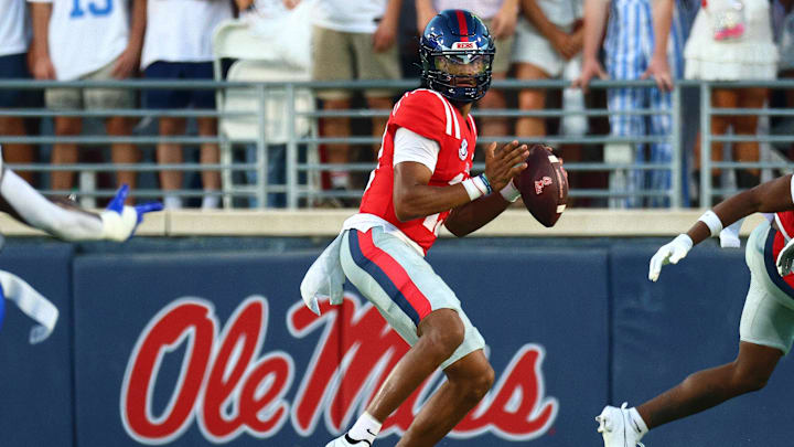 Aug 30, 2025; Oxford, Mississippi, USA; Mississippi Rebels quarterback Austin Simmons (13) drops back to pass during the first quarter against the Georgia State Panthers at Vaught-Hemingway Stadium. Mandatory Credit: Petre Thomas-Imagn Images Aug 30, 2025; Oxford, Mississippi, USA; Mississippi Rebels quarterback Austin Simmons (13) drops back to pass during the first quarter against the Georgia State Panthers at Vaught-Hemingway Stadium. Mandatory Credit: Petre Thomas-Imagn Images