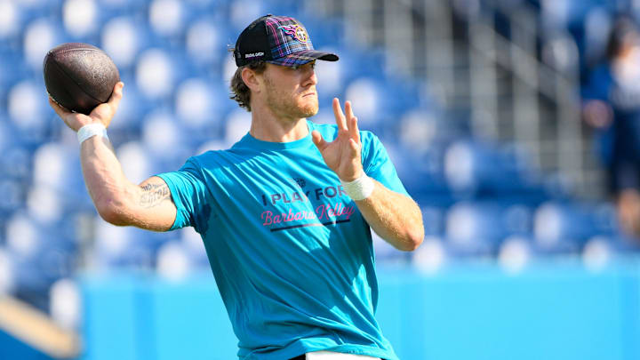 Oct 13, 2024; Nashville, Tennessee, USA;  Tennessee Titans Will Levis (8) throws against the Indianapolis Colts during pregame warmups at Nissan Stadium.