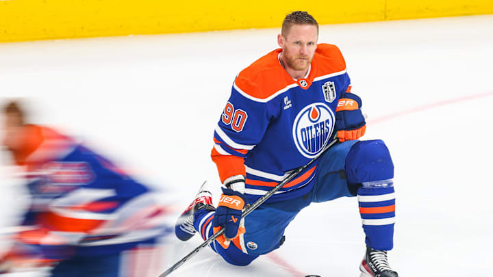 Jun 14, 2025; Edmonton, Alberta, CAN; Edmonton Oilers right wing Corey Perry (90) during the warmup period against the Florida Panthers in game five of the 2025 Stanley Cup Final at Rogers Place. Mandatory Credit: Sergei Belski-Imagn Images