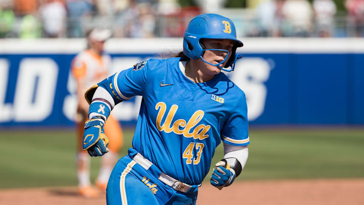Jun 1, 2025; Oklahoma City, OK, USA; UCLA Bruins utility Megan Grant (43) rounds the bases after hitting a two run home run tying the game in the seventh inning against the Tennessee Lady Volunteers during the NCAA Softball Women's College World Series at Devon Park. Mandatory Credit: Brett Rojo-Imagn Images Jun 1, 2025; Oklahoma City, OK, USA; UCLA Bruins utility Megan Grant (43) rounds the bases after hitting a two run home run tying the game in the seventh inning against the Tennessee Lady Volunteers during the NCAA Softball Women's College World Series at Devon Park. Mandatory Credit: Brett Rojo-Imagn Images