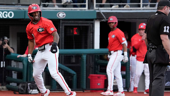 GeorgiaÕs Robbie Burnett (10) celebrates after scoring a run during a NCAA baseball game against Kentucky on March 14, 2025.