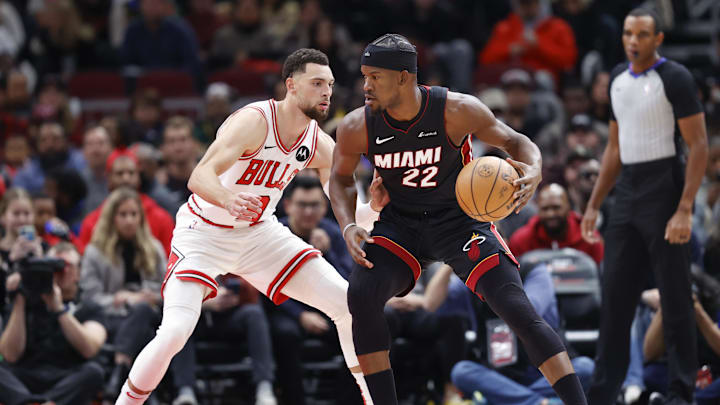 Nov 20, 2023; Chicago, Illinois, USA; Chicago Bulls guard Zach LaVine (8) defends against Miami Heat forward Jimmy Butler (22) during the first half at United Center. Mandatory Credit: Kamil Krzaczynski-Imagn Images Nov 20, 2023; Chicago, Illinois, USA; Chicago Bulls guard Zach LaVine (8) defends against Miami Heat forward Jimmy Butler (22) during the first half at United Center. Mandatory Credit: Kamil Krzaczynski-Imagn Images