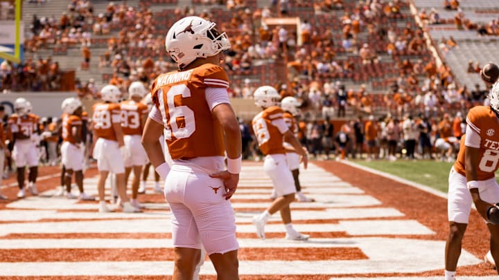 Texas football player, Arch Manning, stands on the field during warm up before a game against UTEP at Darrell K Royal–Texas Memorial Stadium in Austin, Texas, on Saturday, Sept. 13, 2025.