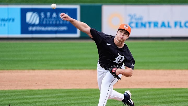 Detroit Tigers pitcher Jobe throws at batting practice during spring training at Joker Marchant Stadium in Lakeland, Fla. on Thursday, Feb. 20, 2025.