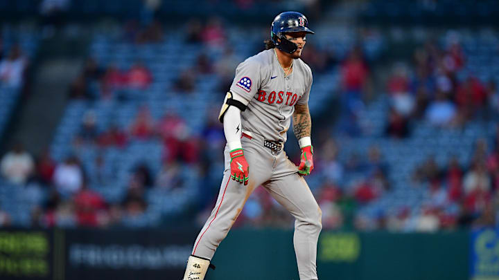 Jun 23, 2025; Anaheim, California, USA; Boston Red Sox left fielder Jarren Duran (16) reaches second on a double against the Los Angeles Angels during the fifth inning at Angel Stadium. Mandatory Credit: Gary A. Vasquez-Imagn Images