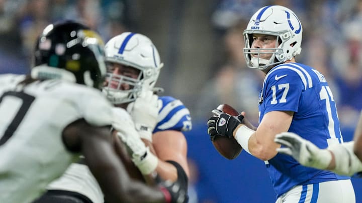 Indianapolis Colts quarterback Philip Rivers (17) looks downfield for an open receiver Sunday, Dec. 28, 2025, during a game against the Jacksonville Jaguars at Lucas Oil Stadium in Indianapolis.