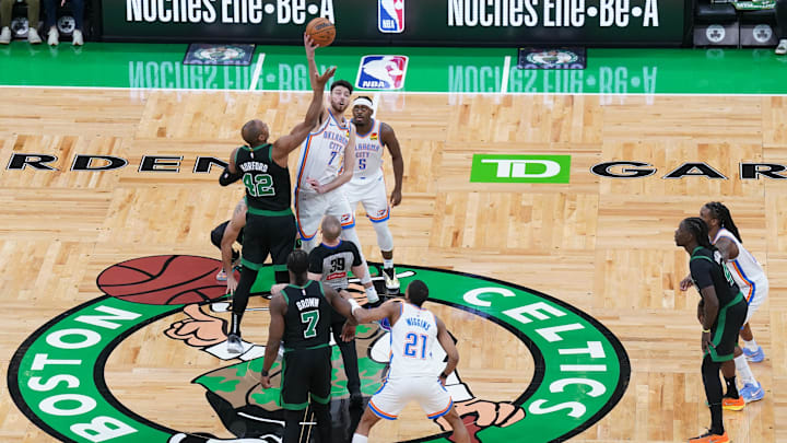 Mar 12, 2025; Boston, Massachusetts, USA; The Boston Celtics and Oklahoma City Thunder tip-off to start the game at TD Garden. Mandatory Credit: David Butler II-Imagn Images
