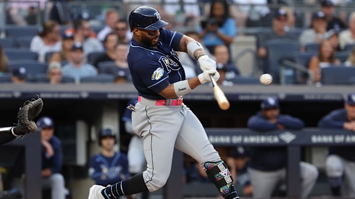Jul 31, 2023; Bronx, New York, USA; Tampa Bay Rays first baseman Yandy Diaz (2) singles during the first inning against the New York Yankees at Yankee Stadium. Mandatory Credit: Vincent Carchietta-Imagn Images Jul 31, 2023; Bronx, New York, USA; Tampa Bay Rays first baseman Yandy Diaz (2) singles during the first inning against the New York Yankees at Yankee Stadium. Mandatory Credit: Vincent Carchietta-Imagn Images
