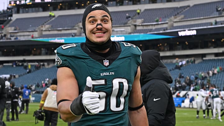 Dec 14, 2025; Philadelphia, Pennsylvania, USA; Philadelphia Eagles linebacker Jaelan Phillips (50) walks off the field after win against the Las Vegas Raiders at Lincoln Financial Field. Mandatory Credit: Eric Hartline-Imagn Images Dec 14, 2025; Philadelphia, Pennsylvania, USA; Philadelphia Eagles linebacker Jaelan Phillips (50) walks off the field after win against the Las Vegas Raiders at Lincoln Financial Field. Mandatory Credit: Eric Hartline-Imagn Images