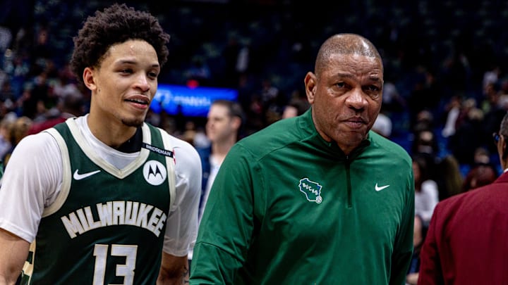 Doc Rivers and guard Ryan Rollins walk to the locker room after the game against the Pelicans in April.