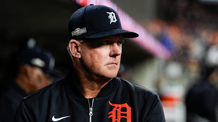 Detroit Tigers manager A.J. Hinch (14) looks on during the sixth inning against Cleveland Guardians at Game 4 of ALDS at Comerica Park in Detroit on Thursday, Oct. 10, 2024.