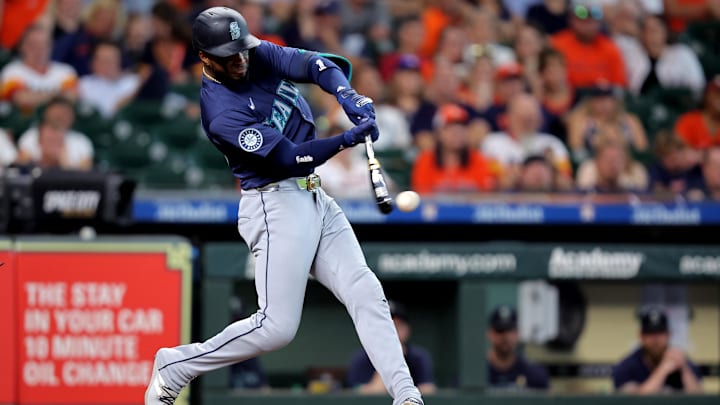 Seattle Mariners right fielder Victor Robles hits during a game against the Houston Astros on Wednesday at Minute Maid Park.