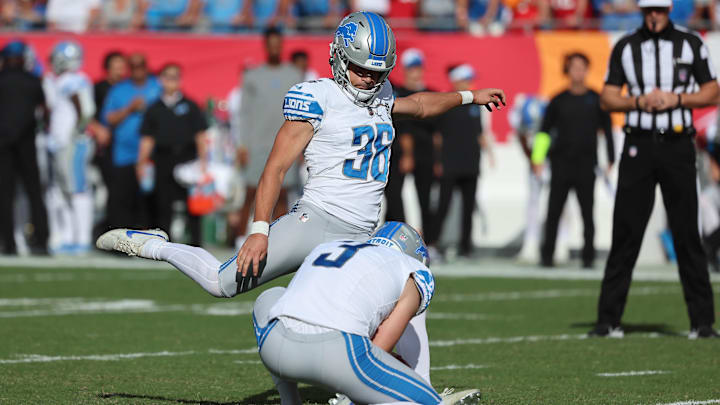 Oct 15, 2023; Tampa, Florida, USA; Detroit Lions place kicker Riley Patterson (36) attempts a field goal against the Tampa Bay Buccaneers during the first quarter at Raymond James Stadium.