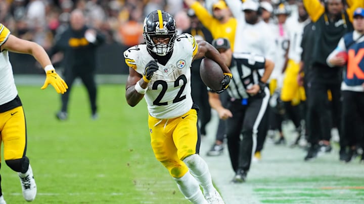 Oct 13, 2024; Paradise, Nevada, USA; Pittsburgh Steelers running back Najee Harris (22) gains yardage down the sidelines against the Las Vegas Raiders during the third quarter at Allegiant Stadium. Mandatory Credit: Stephen R. Sylvanie-Imagn Images