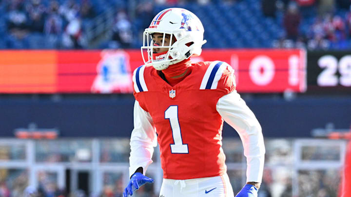 Dec 1, 2024; Foxborough, Massachusetts, USA; New England Patriots wide receiver Ja'Lynn Polk (1) warms up before a game against the Indianapolis Colts at Gillette Stadium. Mandatory Credit: Eric Canha-Imagn Images