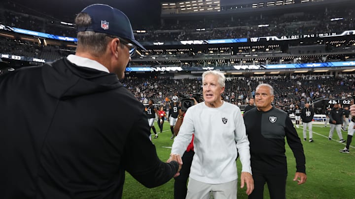 Sep 15, 2025; Paradise, Nevada, USA; Las Vegas Raiders head coach Pete Carroll and Los Angeles Chargers head coach Jim Harbaugh shake hands after the game at Allegiant Stadium. Mandatory Credit: Kiyoshi Mio-Imagn Images Sep 15, 2025; Paradise, Nevada, USA; Las Vegas Raiders head coach Pete Carroll and Los Angeles Chargers head coach Jim Harbaugh shake hands after the game at Allegiant Stadium. Mandatory Credit: Kiyoshi Mio-Imagn Images