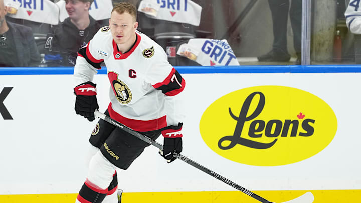 Apr 29, 2025; Toronto, Ontario, CAN; Ottawa Senators left wing Brady Tkachuk (7) skates during the warmup before game five of the first round of the 2025 Stanley Cup Playoffs against the Toronto Maple Leafs at Scotiabank Arena. Mandatory Credit: Nick Turchiaro-Imagn Images