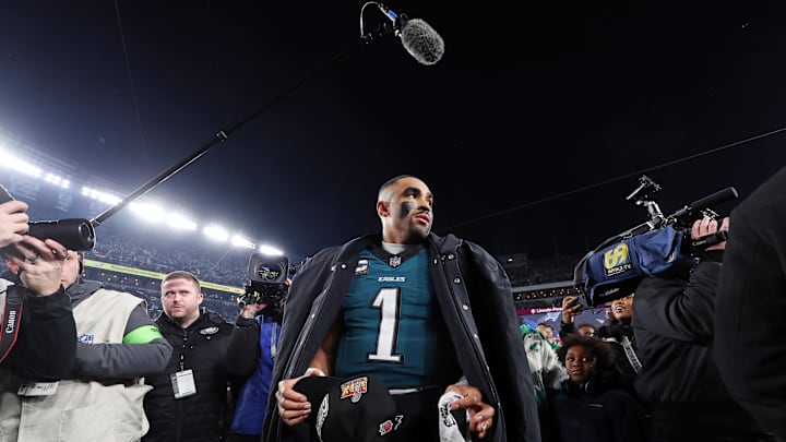 Jan 26, 2025; Philadelphia, PA, USA; Philadelphia Eagles quarterback Jalen Hurts (1) walks on the field after winning the NFC Championship game against the Washington Commanders at Lincoln Financial Field. Mandatory Credit: Bill Streicher-Imagn Images
