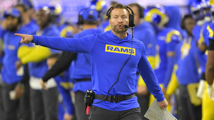 Dec 28, 2024; Inglewood, California, USA;  Los Angeles Rams head coach Sean McVay on the sidelines in the second half against the Arizona Cardinals at SoFi Stadium. Mandatory Credit: Jayne Kamin-Oncea-Imagn Images
