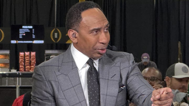 Jan 20, 2025; Atlanta, GA, USA; ESPN personality Stephen A. Smith on the ESPN First Take set at the CFP Fan Central at the George World Congress Center. Mandatory Credit: Kirby Lee-Imagn Images Jan 20, 2025; Atlanta, GA, USA; ESPN personality Stephen A. Smith on the ESPN First Take set at the CFP Fan Central at the George World Congress Center. Mandatory Credit: Kirby Lee-Imagn Images