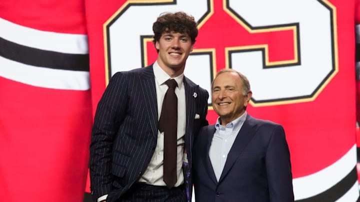 Jun 27, 2025; Los Angeles, California, USA; Mason West is selected as the 29th overall pick to the Chicago Blackhawks in the first round of the 2025 NHL Draft at Peacock Theater. Mandatory Credit: Kirby Lee-Imagn Images