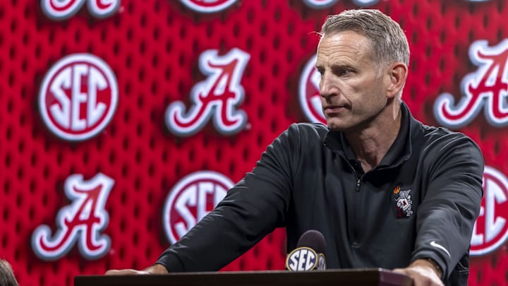 Oct 14, 2025; Birmingham, AL, USA; Alabama Crimson Tide head coach Nate Oats talks with the media during SEC Media Days at Grand Bohemian Hotel. Mandatory Credit: Vasha Hunt-Imagn Images