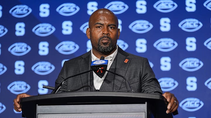 Jul 25, 2024; Charlotte, NC, USA; Syracuse Orange head coach Fran Brown speaks to the media during the ACC Kickoff at Hilton Charlotte Uptown. Jul 25, 2024; Charlotte, NC, USA; Syracuse Orange head coach Fran Brown speaks to the media during the ACC Kickoff at Hilton Charlotte Uptown.