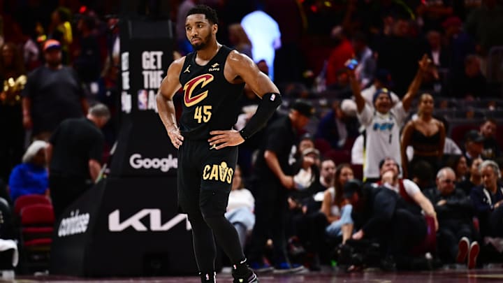 May 13, 2025; Cleveland, Ohio, USA; Cleveland Cavaliers guard Donovan Mitchell (45) reacts during the second half of game five against the Indiana Pacers in the second round for the 2025 NBA Playoffs at Rocket Arena. Mandatory Credit: Ken Blaze-Imagn Images
