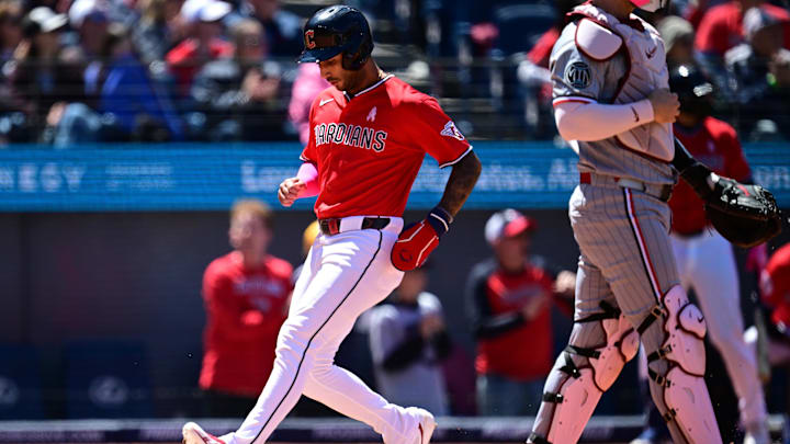 May 10, 2026: Cleveland Guardians shortstop Brayan Rocchio (4) scores a run during the third inning against the Minnesota Twins at Progressive Field. 