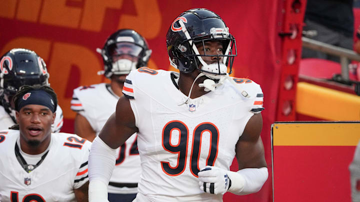 Aug 22, 2024; Kansas City, Missouri, USA; Chicago Bears defensive end Dominique Robinson (90) runs onto the field against the Kansas City Chiefs prior to a game at GEHA Field at Arrowhead Stadium. Mandatory Credit: Denny Medley-Imagn Images