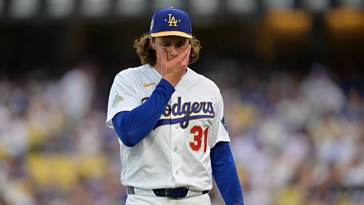 Mar 28, 2026; Los Angeles, California, USA; Los Angeles Dodgers pitcher Tyler Glasnow (31) reacts after the first inning against the Arizona Diamondbacks at Dodger Stadium. Mandatory Credit: Jayne Kamin-Oncea-Imagn Images