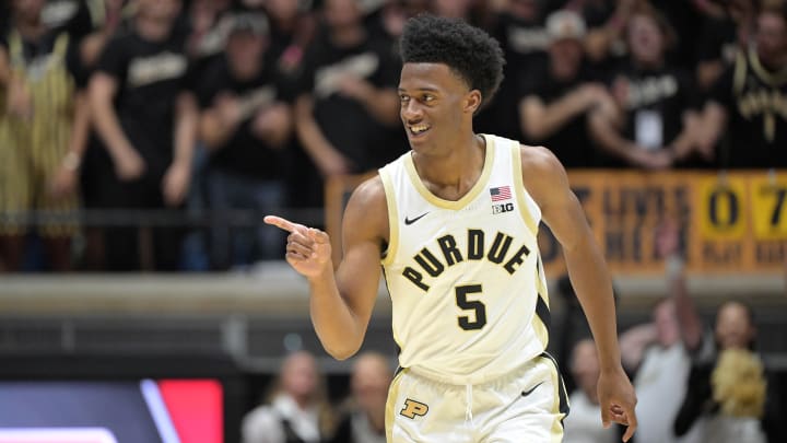 Purdue Boilermakers guard Myles Colvin celebrates a basket 