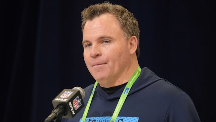 Feb 25, 2025; Indianapolis, IN, USA; Tennessee Titans general manager Mike Borgonzi speaks during the NFL Scouting Combine at the Indiana Convention Center. Mandatory Credit: Kirby Lee-Imagn Images