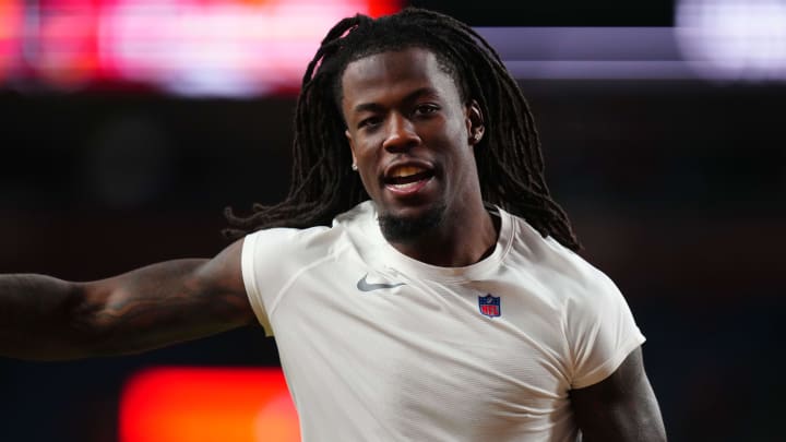 Dec 18, 2022; Denver, Colorado, USA; Denver Broncos wide receiver Jerry Jeudy (10) following the win over the Arizona Cardinals at Empower Field at Mile High. Mandatory Credit: Ron Chenoy-USA TODAY Sports