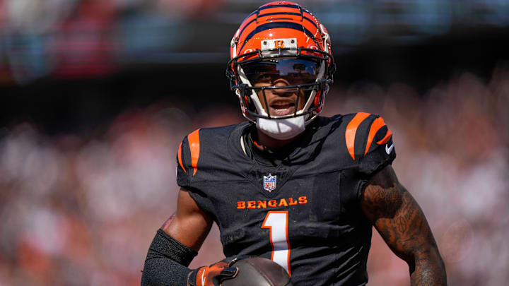 Cincinnati Bengals wide receiver Ja'Marr Chase (1) runs in a touchdown reception late in the second quarter of the NFL Week 5 game between the Cincinnati Bengals and Baltimore Ravens at Paycor Stadium in downtown Cincinnati on Sunday, Oct. 6, 2024. The Bengals led 17-14 at halftime. Cincinnati Bengals wide receiver Ja'Marr Chase (1) runs in a touchdown reception late in the second quarter of the NFL Week 5 game between the Cincinnati Bengals and Baltimore Ravens at Paycor Stadium in downtown Cincinnati on Sunday, Oct. 6, 2024. The Bengals led 17-14 at halftime.