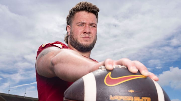 Iowa State offensive lineman Dylan Barrett stands for a portrait during Iowa State football media day at Jack Trice Stadium on July 25, 2025, in Ames.