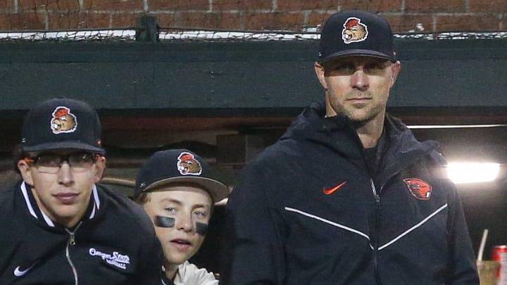 Oregon State head coach Mitch Canham watches his team compete against Xavier during an NCAA college baseball game at Goss Stadium on Friday, March 6, 2026, in Corvallis, Ore.