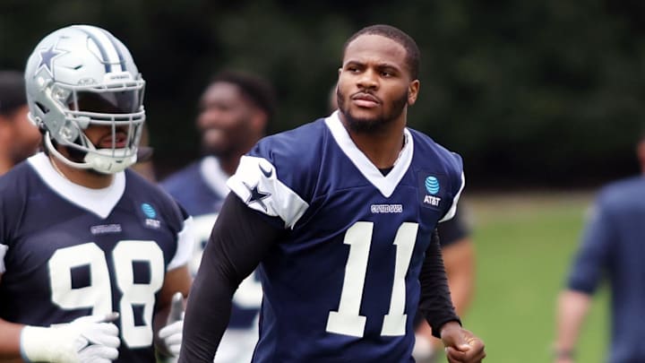 Jun 4, 2024; Frisco, TX, USA; Dallas Cowboys linebacker Micah Parsons (11) runs on the field during practice at the Ford Center at the Star Training Facility in Frisco, Texas. Mandatory Credit: Tim Heitman-USA TODAY Sports