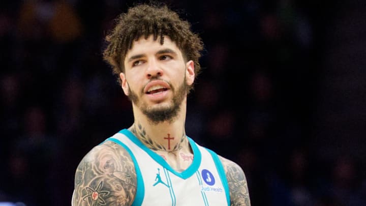 Apr 5, 2026; Minneapolis, Minnesota, USA; Charlotte Hornets guard LaMelo Ball (1) and-one celebrates a basket against the Minnesota Timberwolves in the third quarter at Target Center. Mandatory Credit: Matt Blewett-Imagn Images