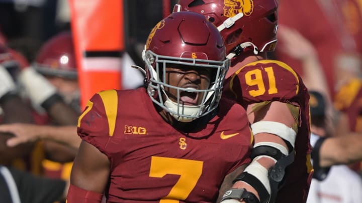 Oct 12, 2024; Los Angeles, California, USA;  USC Trojans safety Kamari Ramsey (7) reacts after a play in the second half against the Penn State Nittany Lions at United Airlines Field at Los Angeles Memorial Coliseum. Mandatory Credit: Jayne Kamin-Oncea-Imagn Images