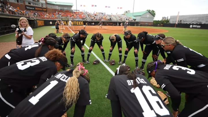 Texas A&M softball team huddles together before their series with Tennessee on May 1, 2025. 