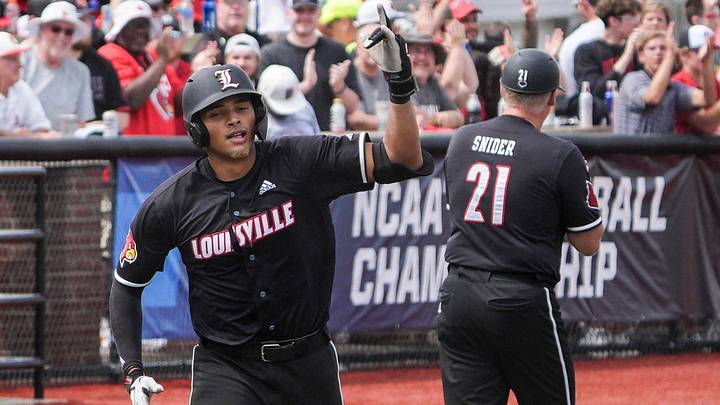 Louisville infielder Jake Munroe (20) had back-to-back home runs during the Cards' 8-1 win over Miami in the NCAA baseball Super Regional at Jim Patterson Stadium in Louisville, Kentucky Friday. June 6, 2025 Louisville infielder Jake Munroe (20) had back-to-back home runs during the Cards' 8-1 win over Miami in the NCAA baseball Super Regional at Jim Patterson Stadium in Louisville, Kentucky Friday. June 6, 2025