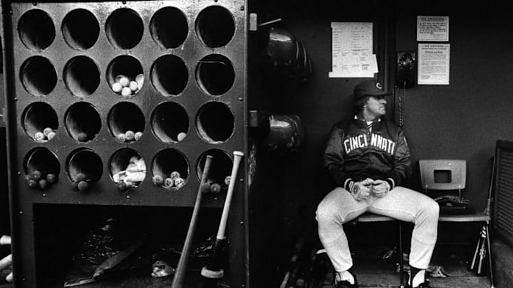 APRIL 1985: Pete Rose awaits post game interview on Opening Day 1985.