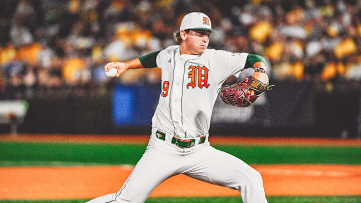 MIami Hurricanes Pitcher Jackson Cleveland (49) throwing against Southern Miss in the Hattiesburg Regional.