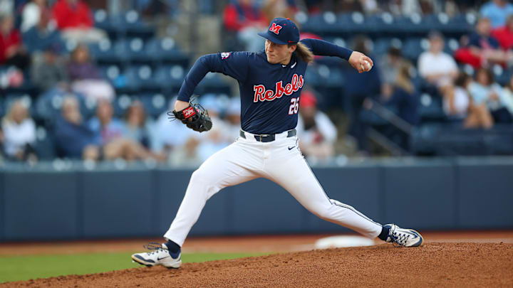 Ole Miss LHP Hunter Elliott throws a pitch against Wright State on Feb. 28, 2025 at Swayze Field in Oxford, Miss.
